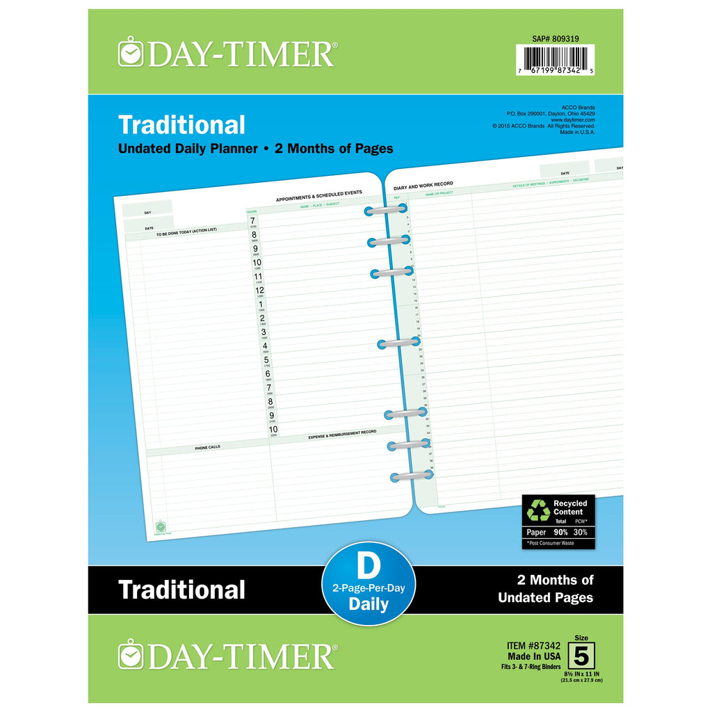 Day-Timer Two Page Per Day Refill, 2 Months, Undated, Loose-Leaf, Folio Size,...