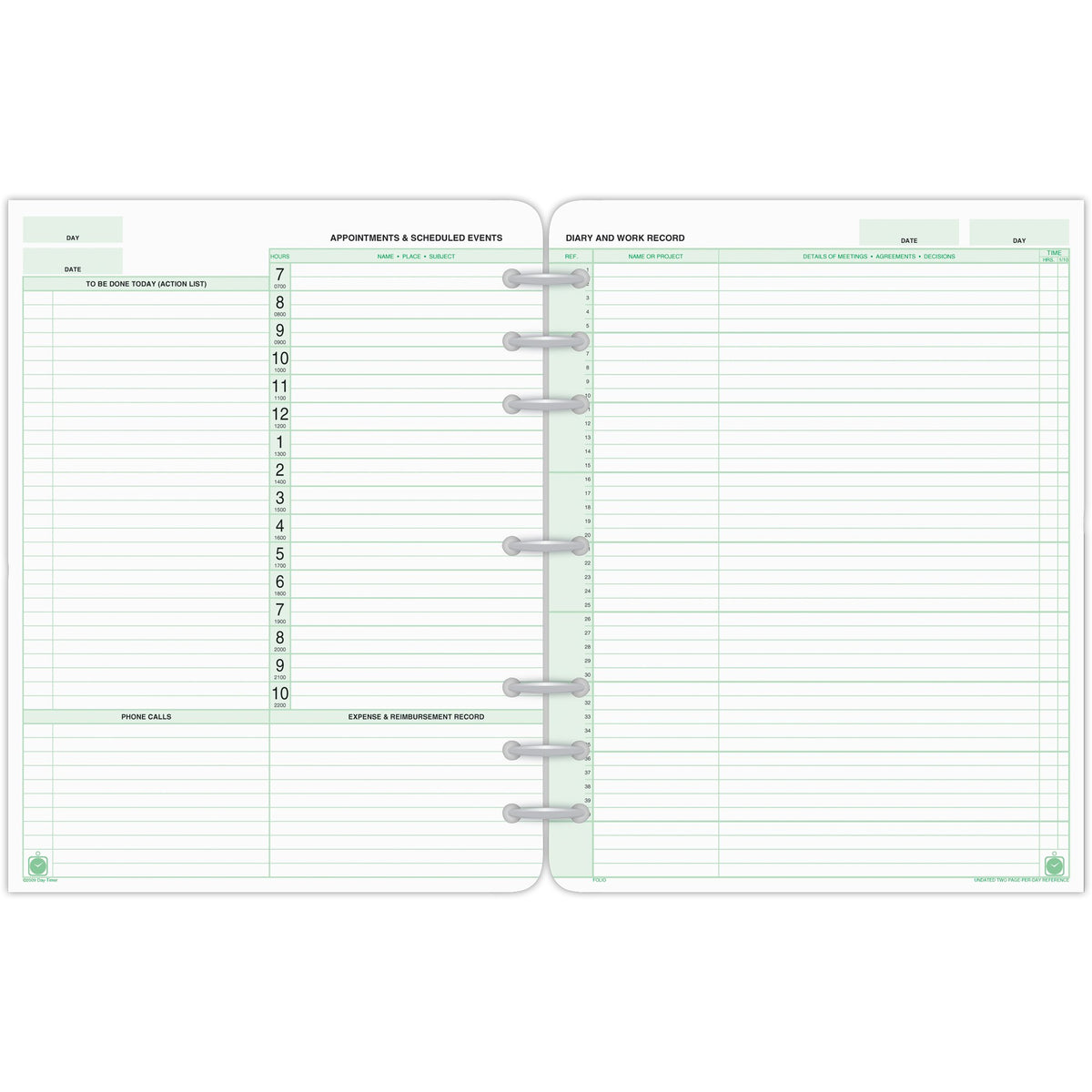 Day-Timer Two Page Per Day Refill, 2 Months, Undated, Loose-Leaf, Folio Size,...